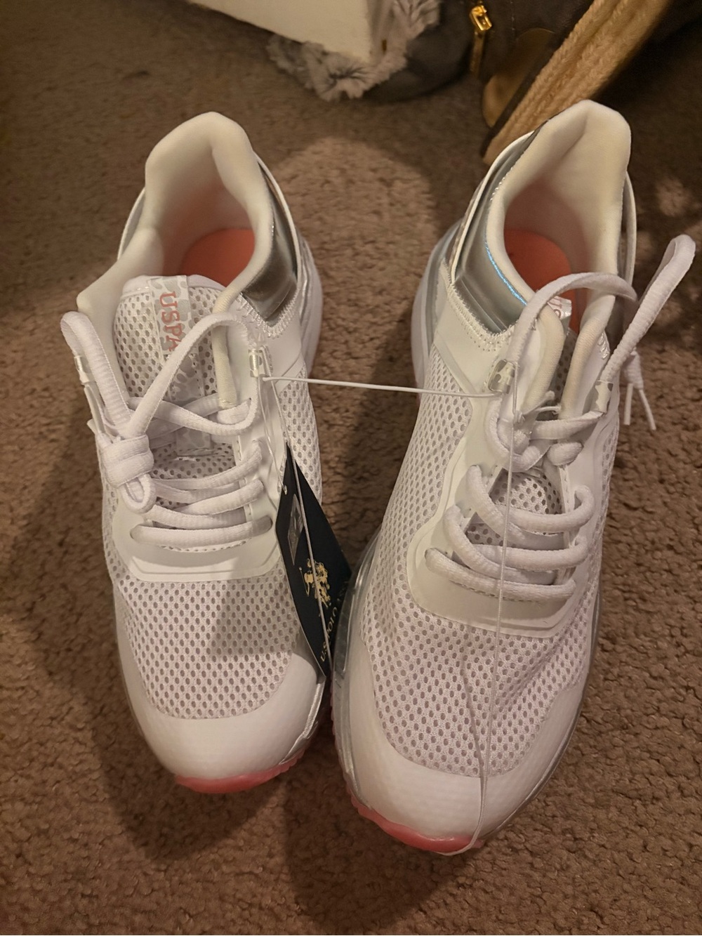 U.S. Polo Assn. White Mesh Athletic Sneakers with Pink Accent